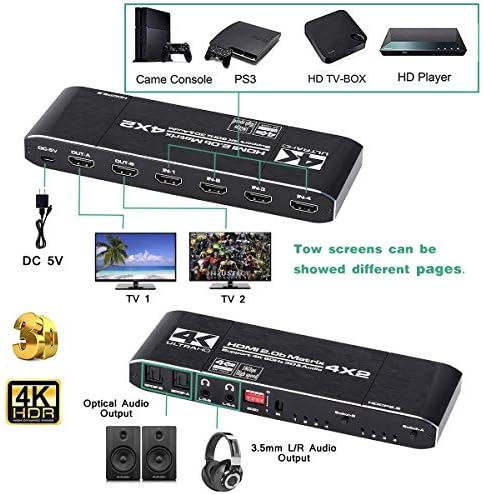 מתג מטריקס HDMI 4x2, 4K HDMI Matrix Switcher Splitter 4 בתיבה 2 Out עם חילוץ EDID ותמיכה בשלט רחוק IR 4K