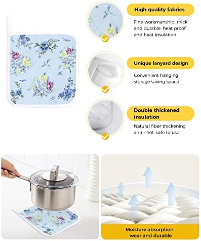 אביב פרחוני 2 מחזיקי סיר למטבחים דלפק מטבחים, פרחי קיץ כחול בוטני חום בוטני חום מבודד תנור רפידות
