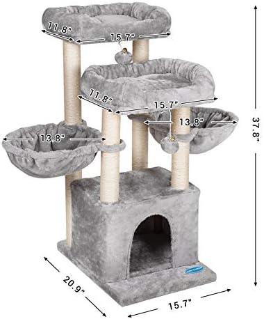 היי-אח 37.8 אינץ 'עץ חתול בגודל בינוני ל -3 חתולים לשימוש עם דירת יוקרה, מגדל חתולים עם 2 מוטות קטיפה מרופדים