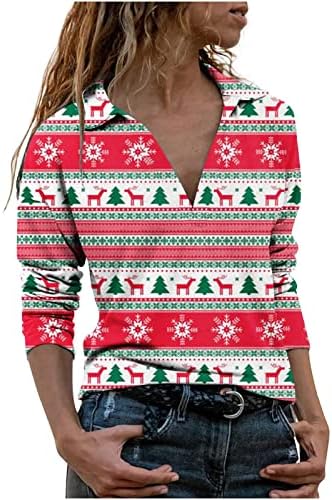 נשים חג המולד חולצה אלכסוני צווארון חג המולד הדפסת חולצה מצויד רגוע חמוד סתיו חולצות לנשים