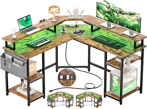 שולחן משחקים בצורת אייפלוס עם שקעי חשמל ונורות לד, שולחן מחשב בצורת שולחן פינתי עם מעמד צג ומדף אחסון, שולחן כתיבה