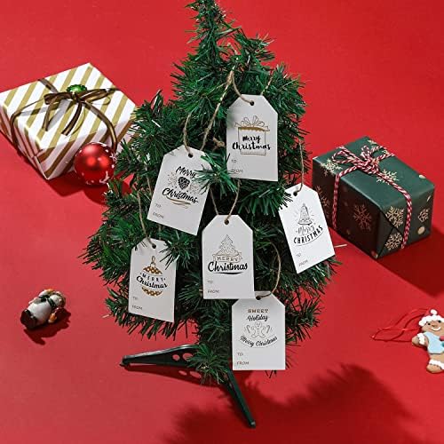 מחליף 60 חתיכות חג המולד תגים עם משלוח 60 שורש טבעי יוטה חוט, 6 סוגים עיצוב מתנה לעטוף תגים, לתלות