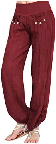 מכנסי Xiloccer לנשים כפתורים מזדמנים אופנה נשים סולידיות מכנסי כותנה מכנסי רגל ומכנסי פשתן רחבים מכנסיים