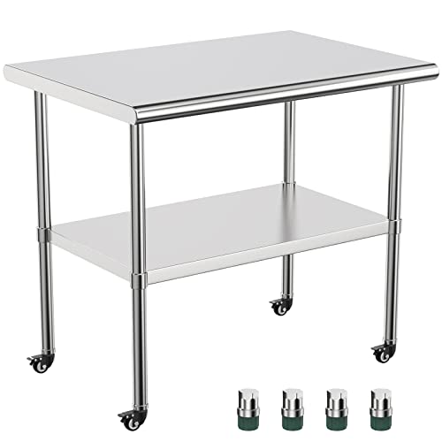 שולחן עבודה של מכון מטבח שולחן עבודה 36 x24 x33 ​​אינץ 'שולחן נירוסטה כבד עם גלגלים, שולחן הכנה חיצוני לגריל