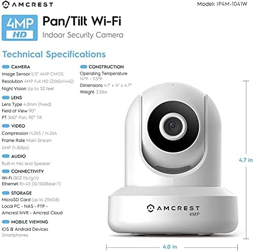 AMCREST 4MP מצלמת WIFI מקורה Ultrahd, מצלמת IP אבטחה עם פאן/הטיה, אודיו דו כיווני, ראיית לילה,