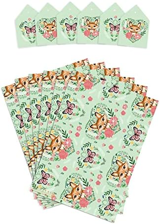 23 שועל גלישת נייר לילדים-6 גיליונות של ירוק מתנה לעטוף ותגים - בנות גלישת נייר-פרח, פרפר-עבור