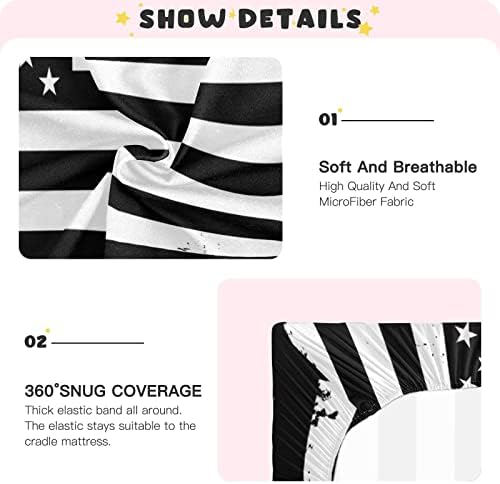 Alaza Grunge USA ארהב דגל אמריקאי דגל לבן ושחור גיליונות עריסה מצוידים בסדין בסינט לבנים פעוטות תינוקות,