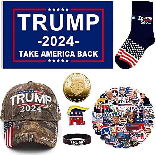 בריזר טראמפ מתנות סט / 2024 דברים דונלד לגברים & מגבר; נשים כולל דגל כובע מדבקות גרבי צמיד דש פין