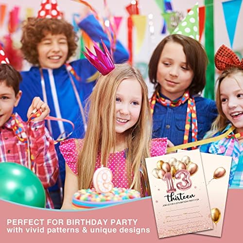 Ziiufrn הזמנות למסיבת יום הולדת 13, הזמנות לבלוני זהב סומק עם מעטפות, בני נוער ממלאים מסיבת יום הולדת בהתאמה אישית
