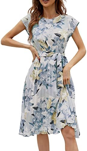 פרגרן נשים אביב אופנה 2023, אופנה נשים רופף קיץ קצר שרוול מודפס עגול צוואר עניבת קפלים שמלה