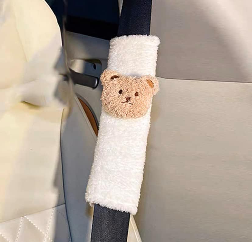 כיסוי חגורת בטיחות של דוב ראש, כיסוי רצועת כתף לבנה עם דוב חום, בטיחות ברכב חייבת להיות, עיצוב