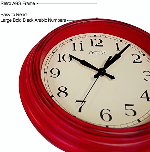 OCEST רטרו 9 אינץ 'אדום אדום שעון קיר מטבח קטן, שקט שקט לא מתקתק המופעל על סוללה דקורטיבית שעון קיר קוורץ עגול,