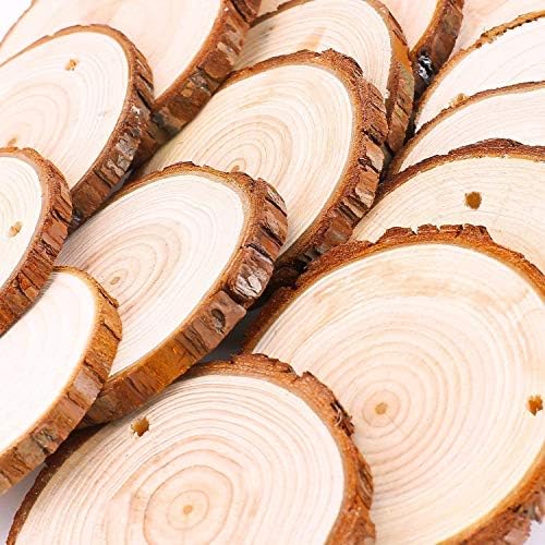 פרוסות עץ טבעיות לא גמורים 40 יח '2.0-2.4 אינץ' חתיכות רכבת עץ ערכת עץ מלאכה מולה עיגולי עץ חור נהדרים לאומנויות