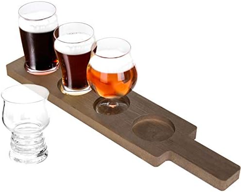 סט לוח טיסה לטעימת בירה 5 חלקים כולל 4 כוסות בירה ומגש הגשה למשוט עץ, כל כוס מכילה 5 עוז