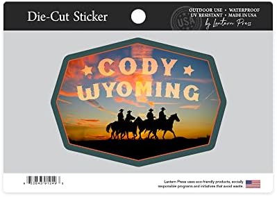 Die Cut Stight Cody Cody, Wyoming, Cowboys בשקיעה, מדבקה ויניל מתאר 3 עד 6 אינץ ', גדול