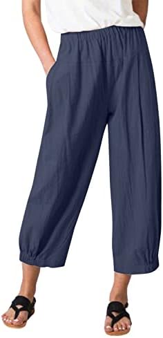 מכנסי פשתן נשים יואסי קרסול מכנסי קפריס רופפים מכנסי מותניים אלסטיים נוחים עם כיסים
