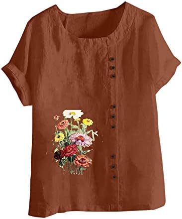 חולצת כותנה של בנות פשתן שרוול קצר שרוול צוואר חיננית חיננית פרחונית בראנץ