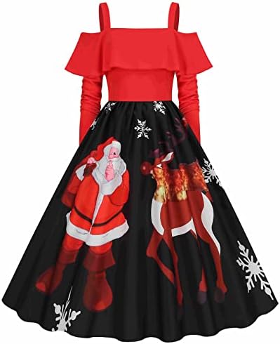 נוקמופו נשים שמלת חג המולד אופנה רטרו צוואר עגול הדפס חג מולד שמלות שרוול ארוך שמלות טוניקה שמלות
