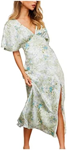שמלת מקסי מקסי קיץ LMDUDAN סקסית סקסית עם צווארון v בוהו הדפס פרחוני שמלות שרוול קצר
