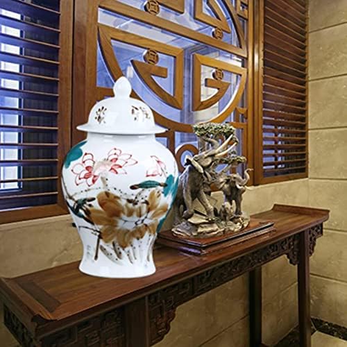 CNPRAZ קרמיקה אגרטל ג'ינג'ר צנצנות דפוס לוטוס פרחוני עם מכסה לעיצוב הבית, קישוט אגרטל פרחים מיובש