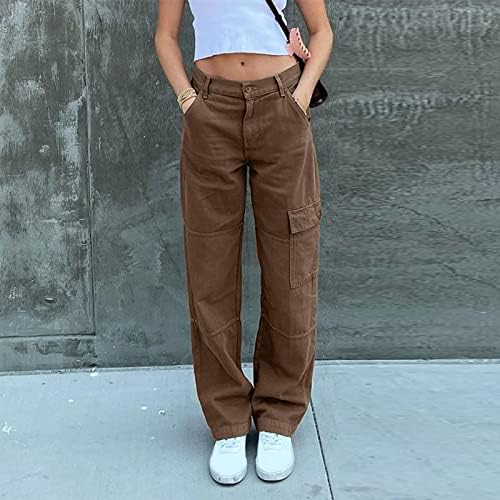 מיאשוי גודל 12 נשים ג 'ינס רחב רגל ישר דמין מטען מכנסיים מקרית מכנסיים עם כיס נשים ז' אן
