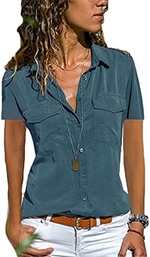 נשים מול כפתור למטה חולצות קצר שרוול טוניקת דש חולצות חולצה חולצות עם כיס