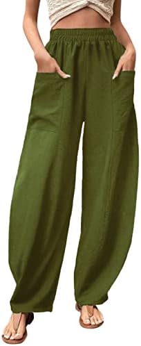 מכנסי פשתן כותנה לנשים מכנסי משיכה רחבים צבע אחיד מכנסי רגל רחבים מכנסי מותניים אלסטיים מזדמנים