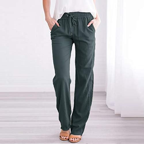 מכנסי פשתן לנשים קיץ מכנסי רגל רחבים ישר שרוך מכנסיים מותניים גבוהים
