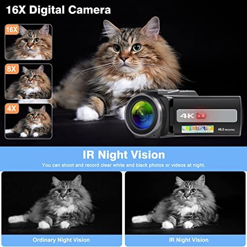 מצלמת וידאו 4K, 48MP Wifi מצלמת Vlogging 16x DuaFCOH מקליט וידאו עם מסך מגע IR ראיית לילה YouTube מצלמת