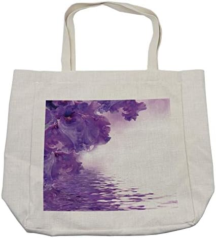 תיק קניות פרחי אמבסון, עלי כותרת של פרחי איריס נגד תמונת הטבע של נהר המים, תיק לשימוש חוזר וידידותי לסביבה