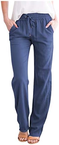 Vickyleb מכנסי פשתן ישר מוצק ומותניים ונשים ארוכות מכנסי כותנה מכתים אלסטיים מזדמנים מכנסי אימון נשים
