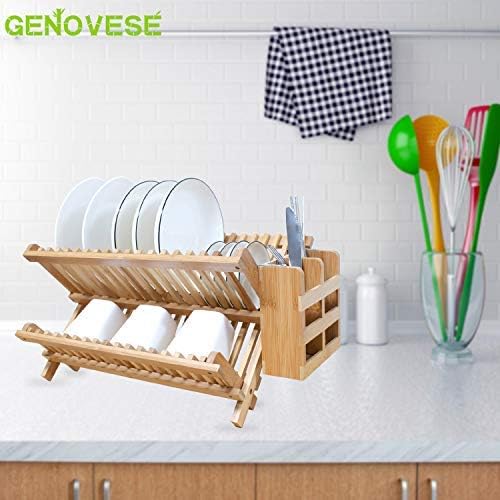 מתלה ייבוש כלים של Genovese Bamboo עם מחזיק כלי סעיף לכלים, מטבח קיפול דו-שכבי ומטבח קומפקטי