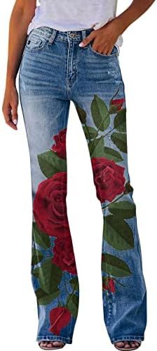 נשים מכנסיים מודפס דפוס רופף התלקח מכפלת ג ' ינס למתוח התלקח מכנסי עניבת מכנסיים לנשים