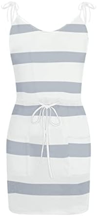 Wybaxz Summer Stripe Stripe Strap שמלת רצועה לנשים שמלת מותניים משולבת עם כיסים מיני V שמלות צוואר