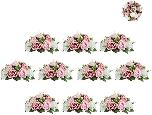 חתיכות כדורי פרחים לשולחן: Blosmon 10 PCs מזויפים פרחי ורד מאובקים וינטאז 'ורוד משי מלאכותי סידור פרחוני