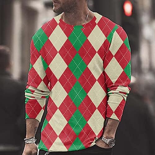 חולצות טריקו של שרוול ארוך של Wocachi לחג המולד לגברים, חג המולד 3D גיאומטרי הדפס גרפי דפוס צוואר