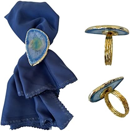 Riaqkgd טבעות מפיות אגייט טבעיות סט של 4, טבעת מפית אבן כחולה עם מחזיק מטאל זהב לקישוט בית, מטבח,