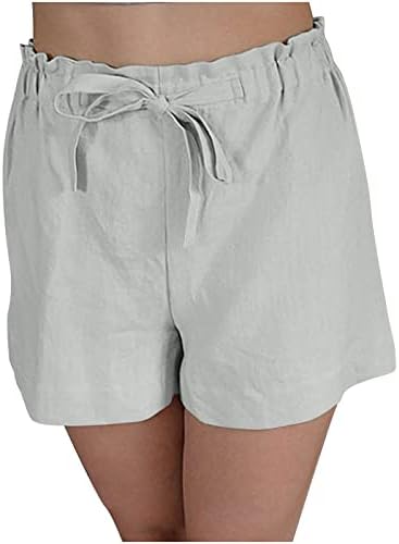 מכנסיים קצרים מזדמנים של קיץ נשים כותנה פשתן מכנסיים קצרים רופפים נוחים אלסטיים מותניים גבוהים שרצועות