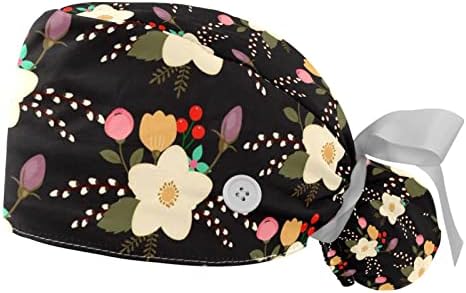 2 חתיכות פרחים פרחוניים על רקע שחור כובע עבודה מתכוונן עם כפתור, כובע סיעוד עם רצועת זיעה