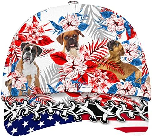 בוקסר כלב היביסקוס טרופי ארצות הברית דגל קלאסי כובע בוקסר כלב מחמד אוהבי כלב אבא אמא מתנה בייסבול כובע