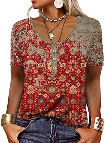 נשים חולצה אופנה צבעוני פרחוני הדפסת כפתור טוניקת חולצות צווארון עגול קצר שרוול טיז קיץ מקרית חולצות