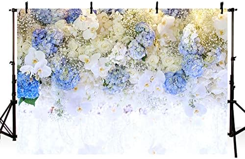 Mehofond 7x5ft אביב לבן פרח כחול זהב נצנצים זהב צילום תפאורה קיר פרחוני קיר פרחוני חתונה מקלחת