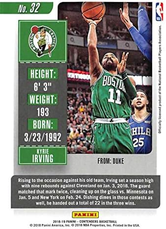 2018-19 מתמודדים של פאניני כרטיס עונה מספר 32 Kyrie Irving Boston Celtics NBA כרטיס מסחר בכדורסל