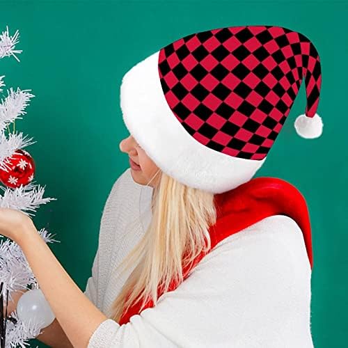 אדום שחור משובץ חג המולד כובע סנטה קלאוס כובעי קצר קטיפה עם לבן חפתים לגברים נשים חג המולד חג מסיבת