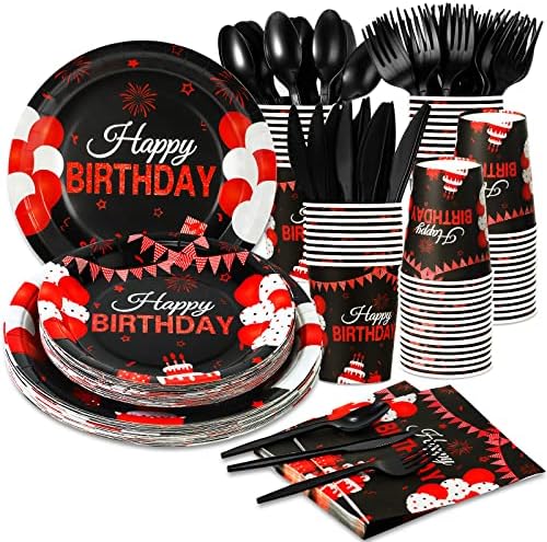 168 יחידות שחור ואדום יום הולדת ספקי צד כלי שולחן סט שמח יום הולדת צלחות, סכין,מזלגות, כפות, כוסות