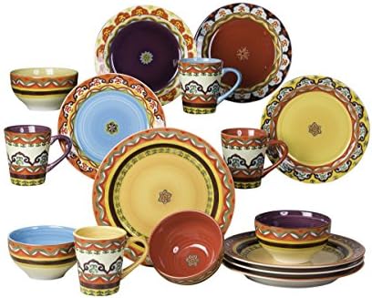 Euro Ceramica EC-Gal-1001 אוסף גליציה אוסף סט כלי אוכל בהשראת 16 חלקים, דפוסים שונים ומגוונים, רב צבעוניים