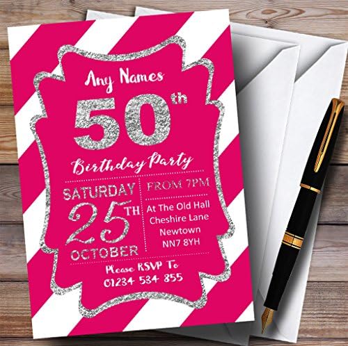 פסים אלכסוניים לבנים ורודים כסף 50 הזמנות למסיבת יום הולדת בהתאמה אישית