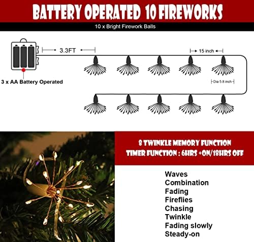 10 חתיכות המופעלות על סוללות אורות כוכבי חג המולד, 150 LED 8 פונקציות נצנוץ אורות זיקוקין לעצי