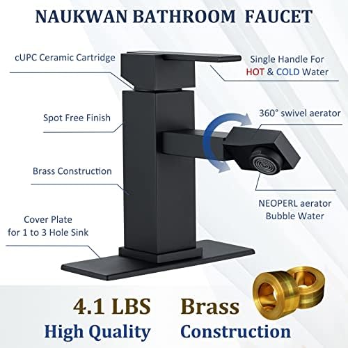 Naukwan ידית יחידה בברז כיור אמבטיה, שחור מט שחור 360 מעלות זרבובית מסתובבת 1 חור חור פליז ברז מודרני עם קווי
