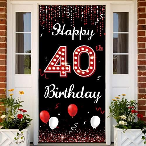 תפאורה של דלת יום הולדת 40, קישוטי יום הולדת 40 שמחה לנשים שחור אדום, 40 שנה אבזרי צילום יום הולדת, 40
